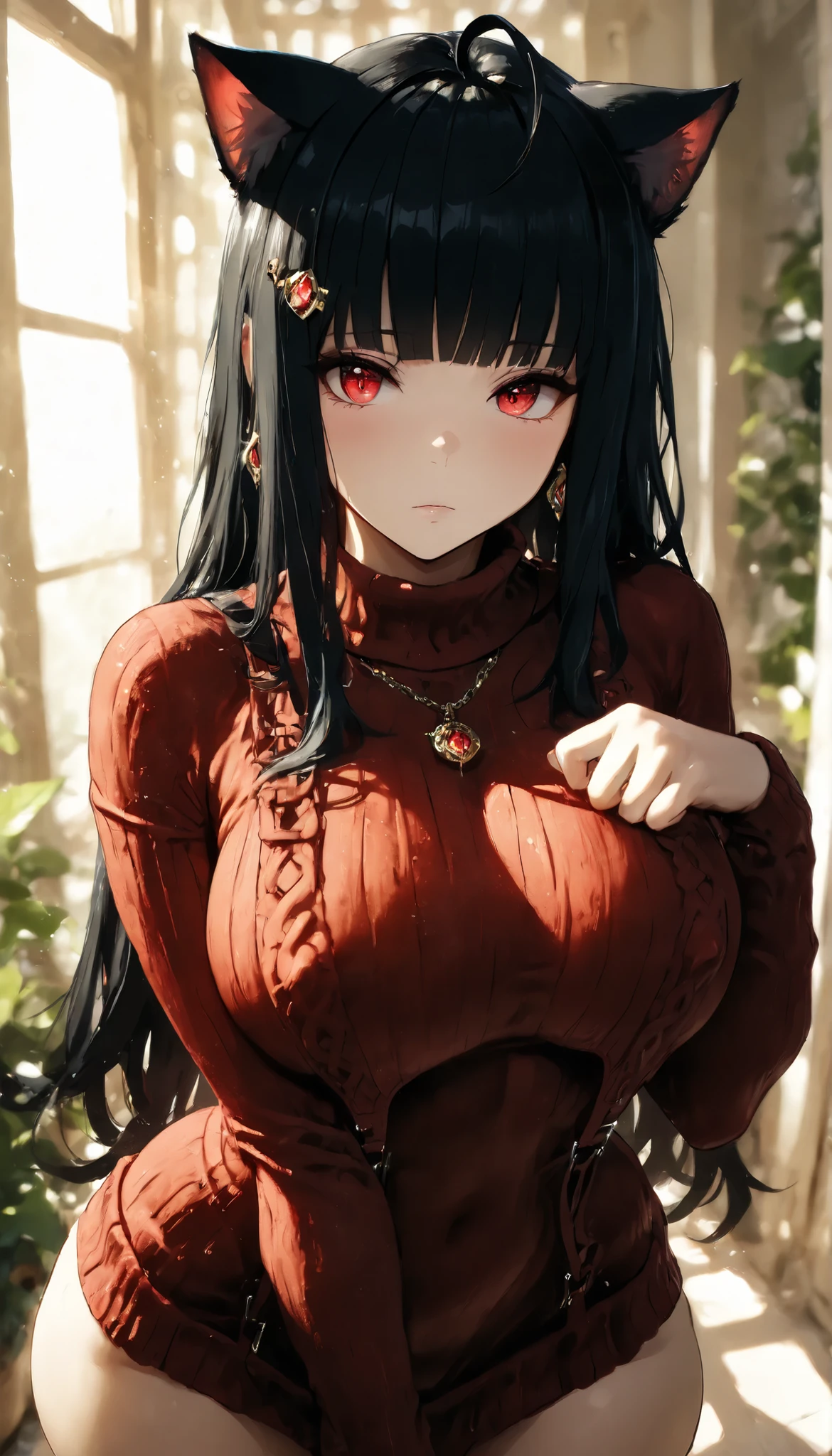 Masterpiece,newer ,Absurds, highres,detailed background, A girl,crystal hair,((cat girl, cat black ears)), (red eyes), (long hair), (( black hair, (Ahoge), straight bangs,)),,sunlight,rostro,Detailed textured ,detailed and polished reflections, Jewelry Ornaments ,pendant, earrings, Virgin Destroyer red sweater, elegant,wide hips ,broad breasts,,covered nipples,netorare