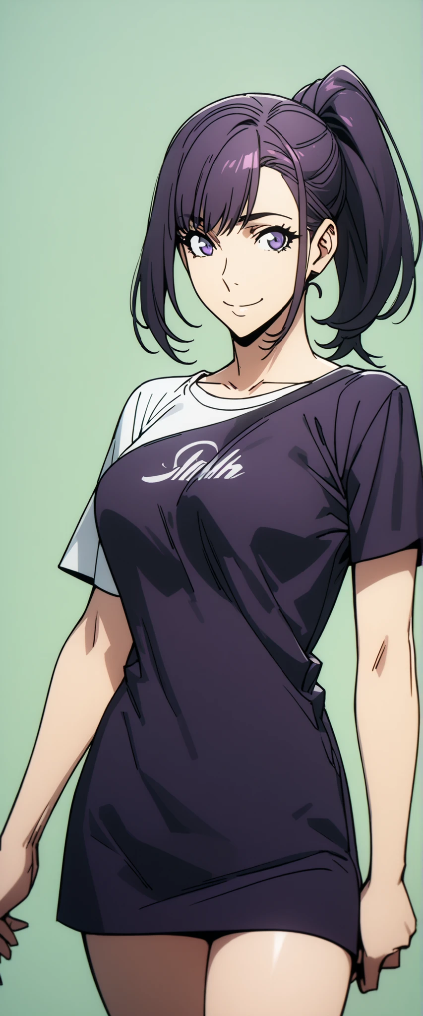 8k,masterpiece,highest quality,Women,Jin-Ah Sung,smile,dark purple hair,ponytail hairstyle, t-shirt,one shoulder,short skirt,green background