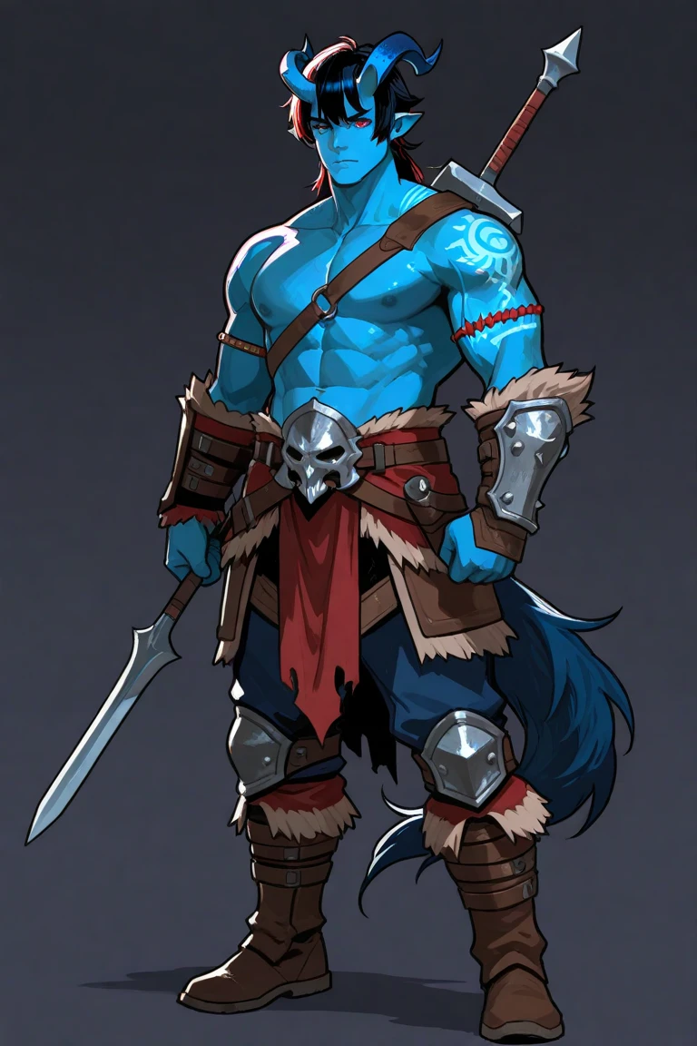 Skin: blue-azure. Ears: sharp, elf-like. Build: muscular, orc-like. Fangs: massive. Eyes: piercing, icy blue. Hair: dark blue, cascading to shoulders. Armor: fully enclosed, predominantly azure with intricate brown accents and mystical engravings. Pauldrons: broad, spiked. Gauntlets: reinforced. Greaves: sturdy. Weapon: double-edged battle axe (ancient, etched blade) and dagger (sheathed at side). Overall appearance: a blend of savage strength and otherworldly grace.