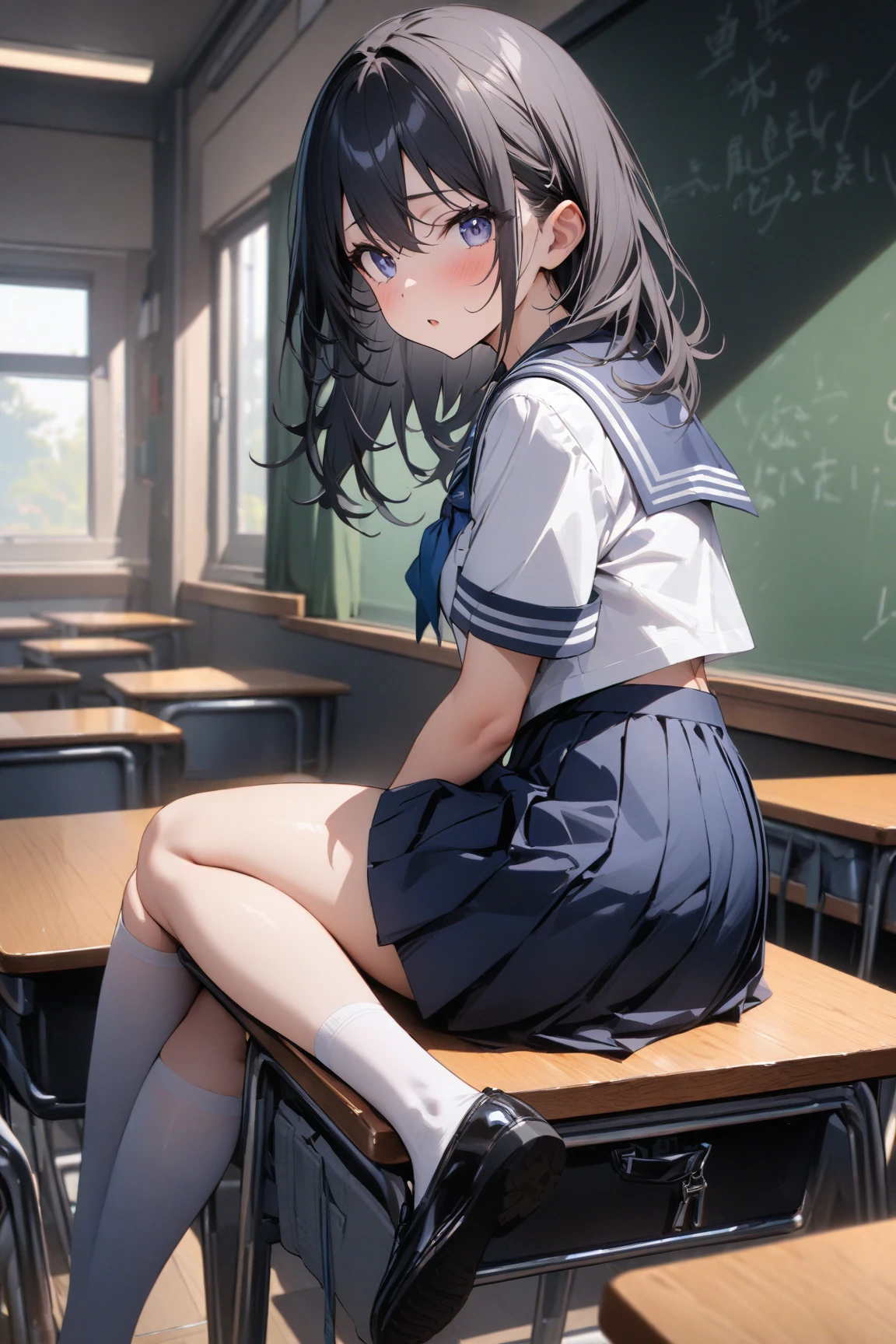 School、In the classroom、Sitting in a chair、Girl、Girl、Short、Younger、Lower school year、Baby Face、flat chest、Dynamic Angle、masterpiece、best quality、ultra-detail、Great Khan、The air conditioner is broken、Summer sunshine、Miniskirt、Panties、Spreading legs、Looks hot、Raise one leg、The desks are lined up、corridor、window、Seems like a hassle、Complaining、There are several classmates behind me.、Clothing、Untidy appearance、Her chest is exposed、Wide Stride、Fan、With his mouth open sloppily