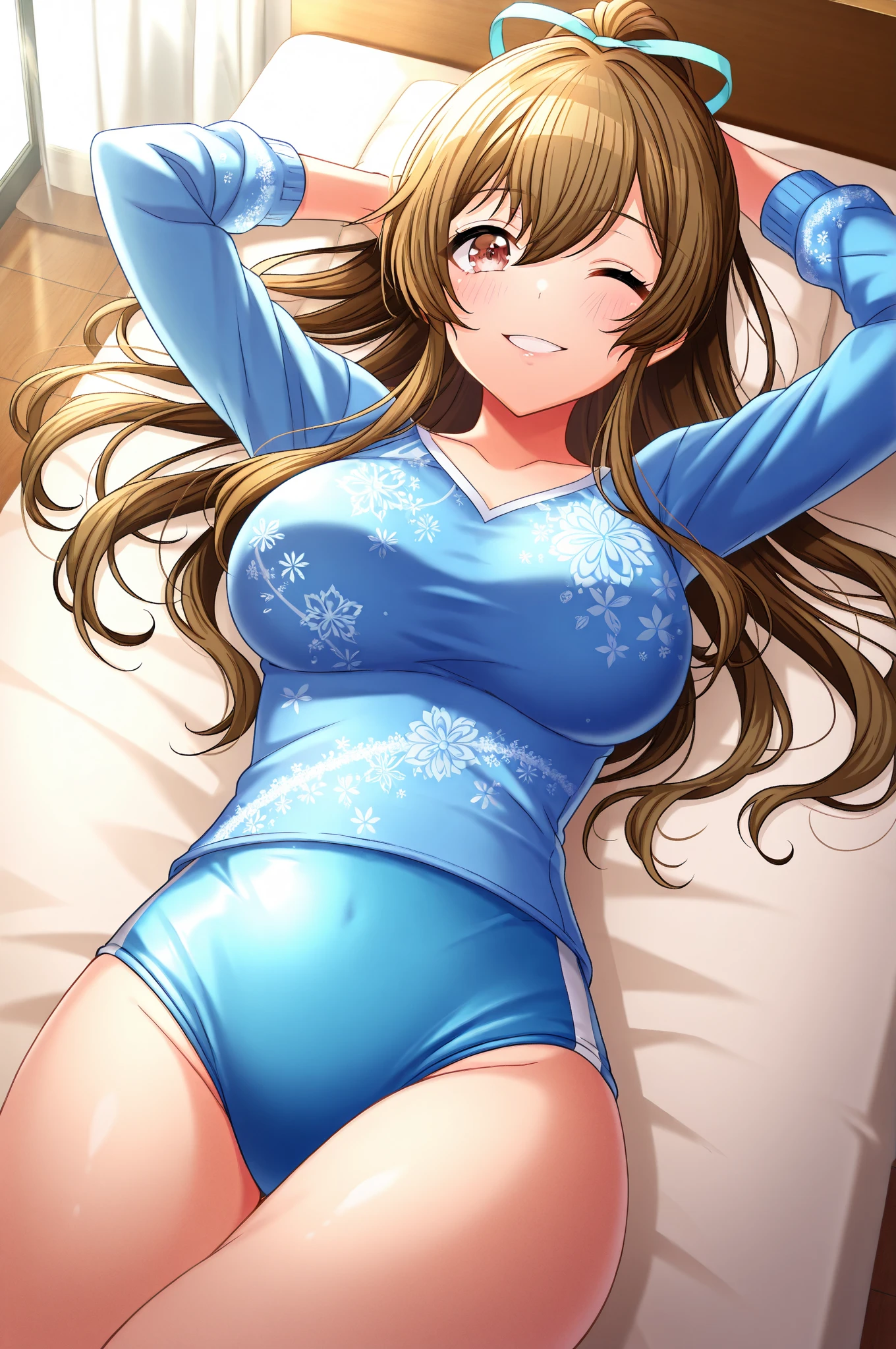 Miku Nakano, Miku Nakano Chick III, Long Hair, Bangs, Blue Eyes, Brown hair, Hair between the eyes, With legs open in bed、Big Breasts、Navy blue school swimsuit