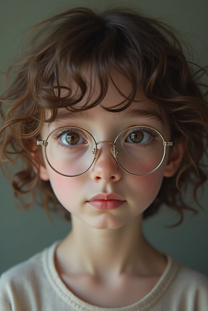 (Model shooting style), A sad homeless little girl, (wear glasses), dressing a old torn clothes, (Shy), 1 Girl, Solitary, brown、curly、Messy hair, Very detailed face, beautiful eyes, [Chubby], Lovely, Ruddy cheeks，Bright, Sad eyes, Stunning beauty, (Rembrandt Lighting), Zeiss lenses, Surreal, (High Detail Skin:1.2), 8K Ultra HD, Digital SLR Camera, Dramatic rim light, high quality, Fuji XT3,