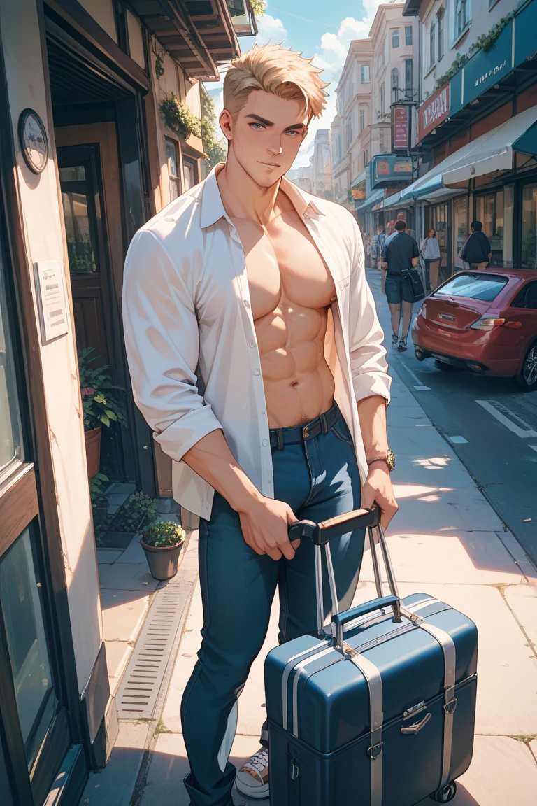 18 year old man, short blue hair, thin, elegamt red suitcase, he has days of beard. Cómic style. Marvel comics