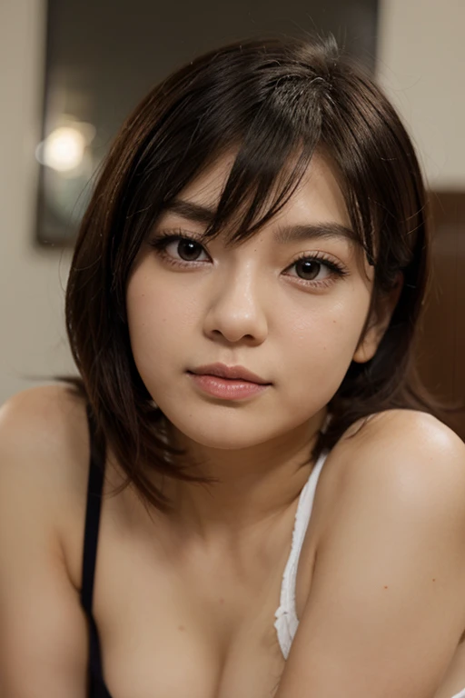 (Photorealistic:1.4), (Masterpiece, Sidelight, Fine Beautiful Eyes: 1.2), Masterpiece*, Realistic, 3D Face, Luminous Eyes, Glossy Hair, Glossy Skin, Alone, Embarrassing, (Epigastric), Sexy Underwear, , SMALL and PERKY BREAST, BUN