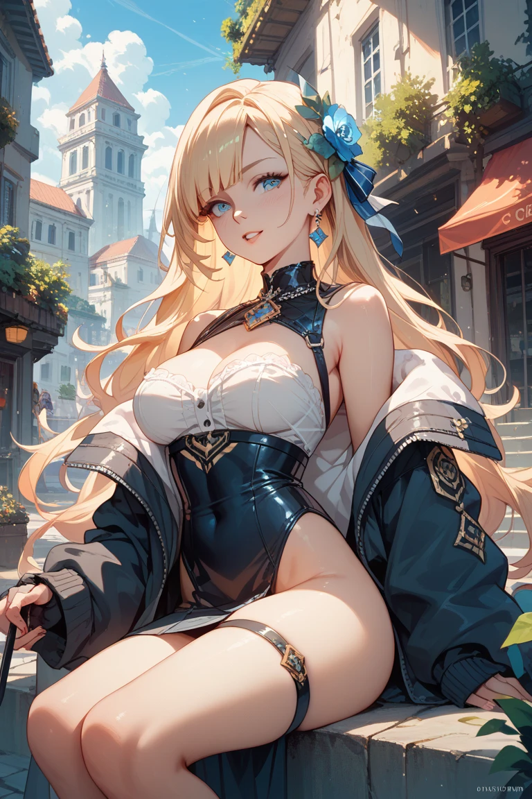 Blonde hair and blue eyes　Long Hair　Elf　Large Breasts　Dark blue scoop water　erotic　Beauty　cute　Scared　Dark Room　Navy blue tights　get caught　Hanged　Hands tied　Embarrassing　Red face