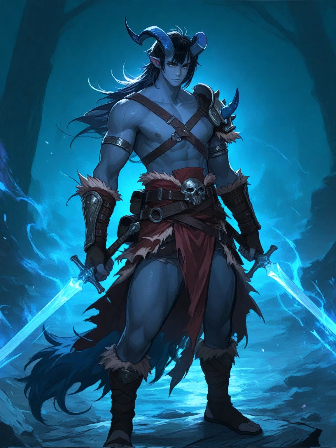 character concept full body of male Tiefling Soldier Barbarian long dark blue Wolf cut hair has two blue horns and skin color like a human