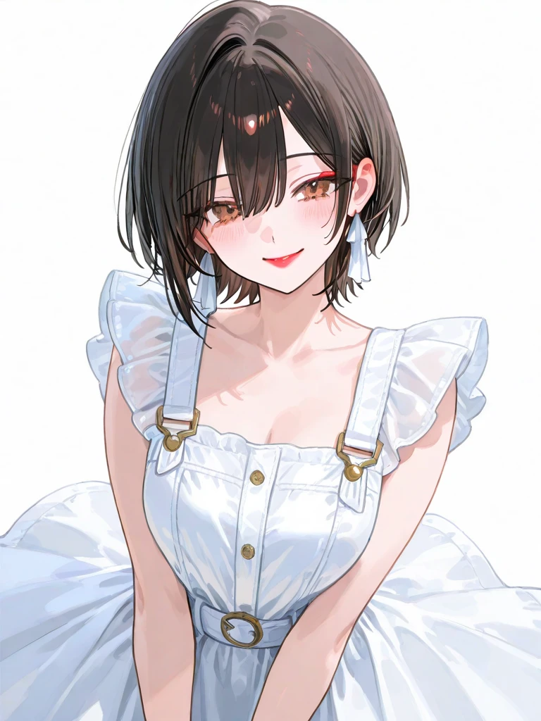 (Highest quality、8k、32K、masterpiece)、(Realistic)、(Photorealistic:1.2)、(High resolution)、Very detailed、Very beautiful face and eyes、1 person、Round and small face、Narrow waist、Delicate body、(Highest quality、Attention to detail、Rich skin detail)、(Highest quality、8k、Oil paints:1.2)、Very detailed、(Realistic、Realistic:1.37)、Bright colors、(((Long Hair))), ((Bust Shot))、(((Flat Chest)))、(((Even bangs)))、(((Pure white wall background)))、(((Pure white wall background)))、(((She has a happy expression)))、(((Strapless blouse))), (((Look straight ahead)))、(((The skirt is short)))、