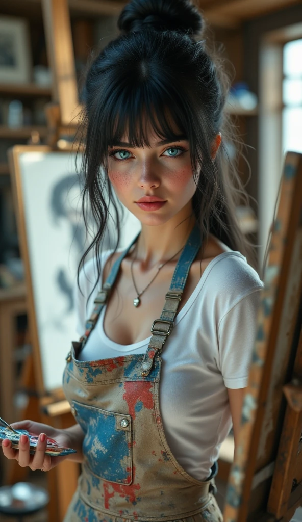 (masterpiece, best quality), 1girl, messy hair, messy room, looking down, painter, girr painter, 28 year old, paint on her clothes, paint on body, huge perky breasts