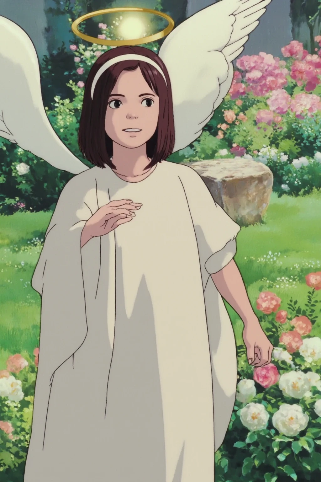 high resolution, rich contrast, best quality, anime style,1girl, solo, (studio ghibli style),(((full body)))
BREAK 
Angel, white rose, garden, particles of light, fantastical glow, broken petals, golden light, soft air, pure, dreamlike, transparent wings, fairy, soft breeze