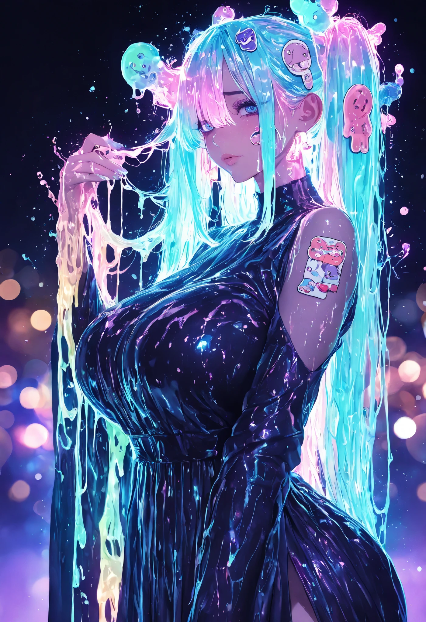 Shy girl with big breasts, big ass, Pretty hands, bitch, sensual, Shiny hair, Particles ,neon,4k, HDR-10, ultra detailed, studio lighting, physics-based rendering waterscape, vibrant colors, bokeh, portrait, dreamer, mysterious, suave, sensual, warm,dressed in pelvic fabric, Anime girl with straight shiny fluorescent hair, Cereza púrpura neon ,Jelly hair sticker,Rallo Sticker,Viscous fluid flowing over your head, gummy clothing