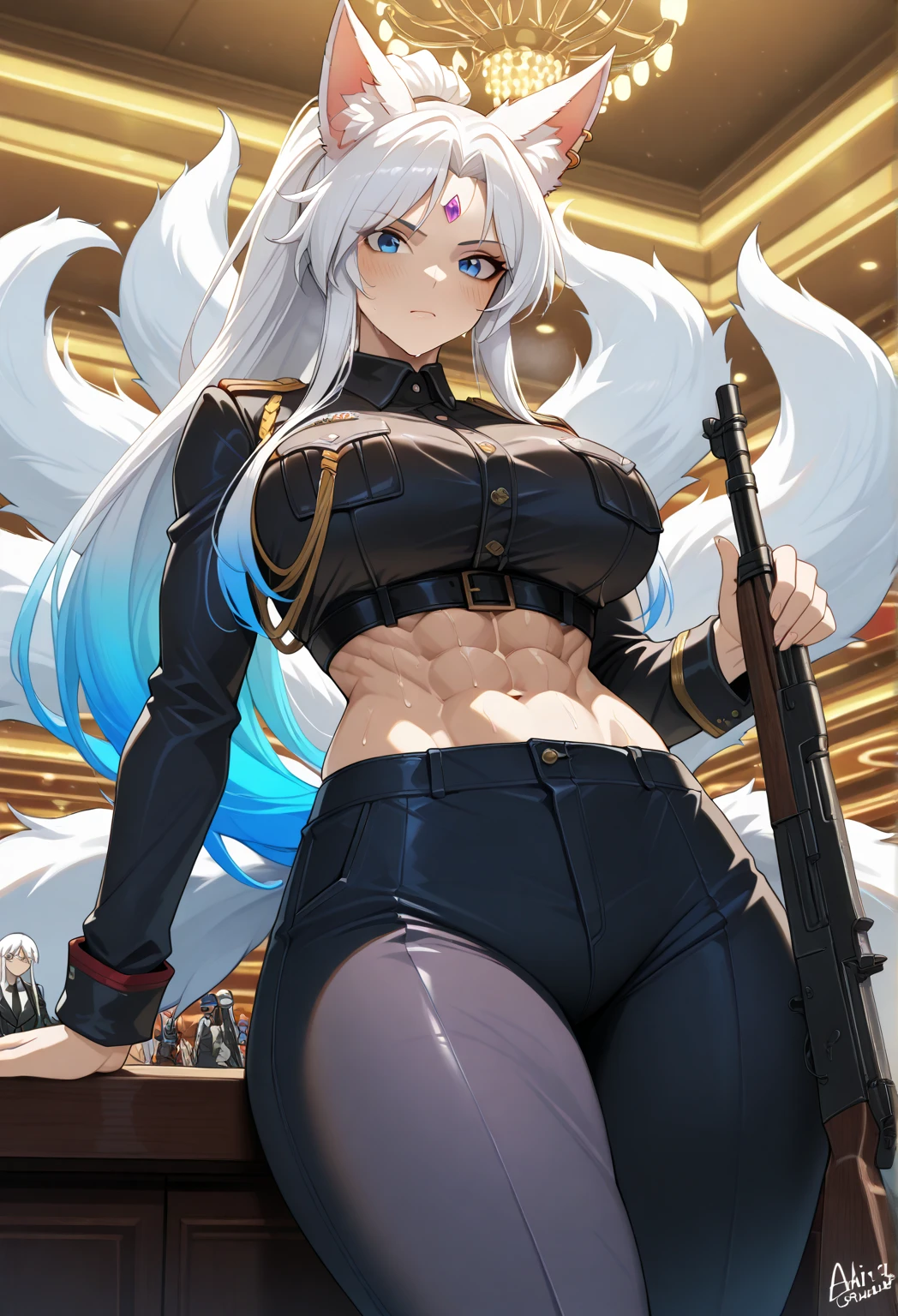 ak15, holding gun, assault rifle, glowing purple eyes, long hair, black hair, blush, lipstick,, fur trim, mature female, gloves, fur-trimmed coat, outdoors, rooftop, cityscape, building, railing, night, night sky, scenery, moon, city lights, gloves, masterpiece, best quality, highly detailed, a girls with a gun, evil smile , open mouth, sexy gaze, badass
pose , evil smile, smile, guns blazing, anime girl with long hair, beautiful long
haired girl, navel, evil expression, exposed belly, exposed navel, exposed midriff, exposed lower belly,
long black pants, crop top, cleavage, unbuttoned leather pants ,open fly, low rise black leather pants,
leather jacket, holding a gun,