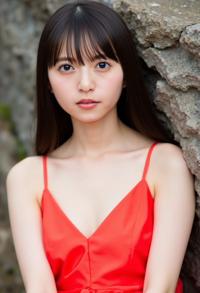 The image is a portrait of a young woman named kuboshi with long dark hair. She is wearing a red dress with a halter neckline. The dress is made of a sheer fabric with a pleated design. The woman is looking up towards the sky with a dreamy expression on her face. The background is blurred, but it appears to be an outdoor setting with rocks and greenery. The lighting is soft and natural, creating a peaceful and serene atmosphere.