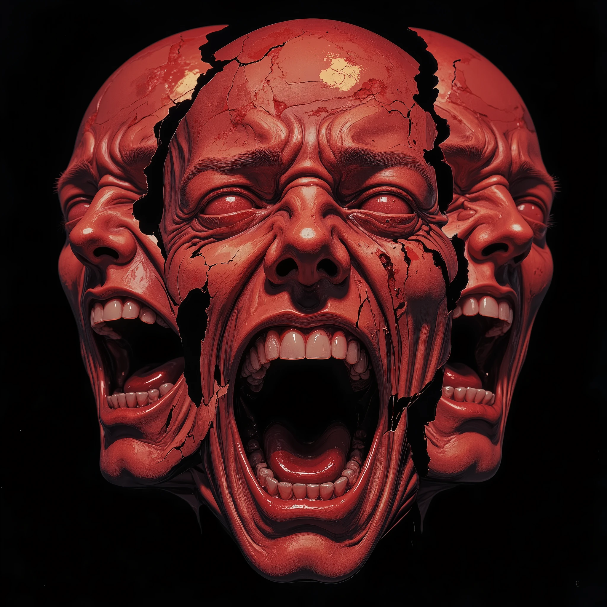 A mad-screaming face with two half fractured faces on each side. Red tones, porcelain texture, madness, (no neck).
(hyperdetailed), (Super detailed), UHD. Monochrome red face, bright reinforced red, full red face, black background.