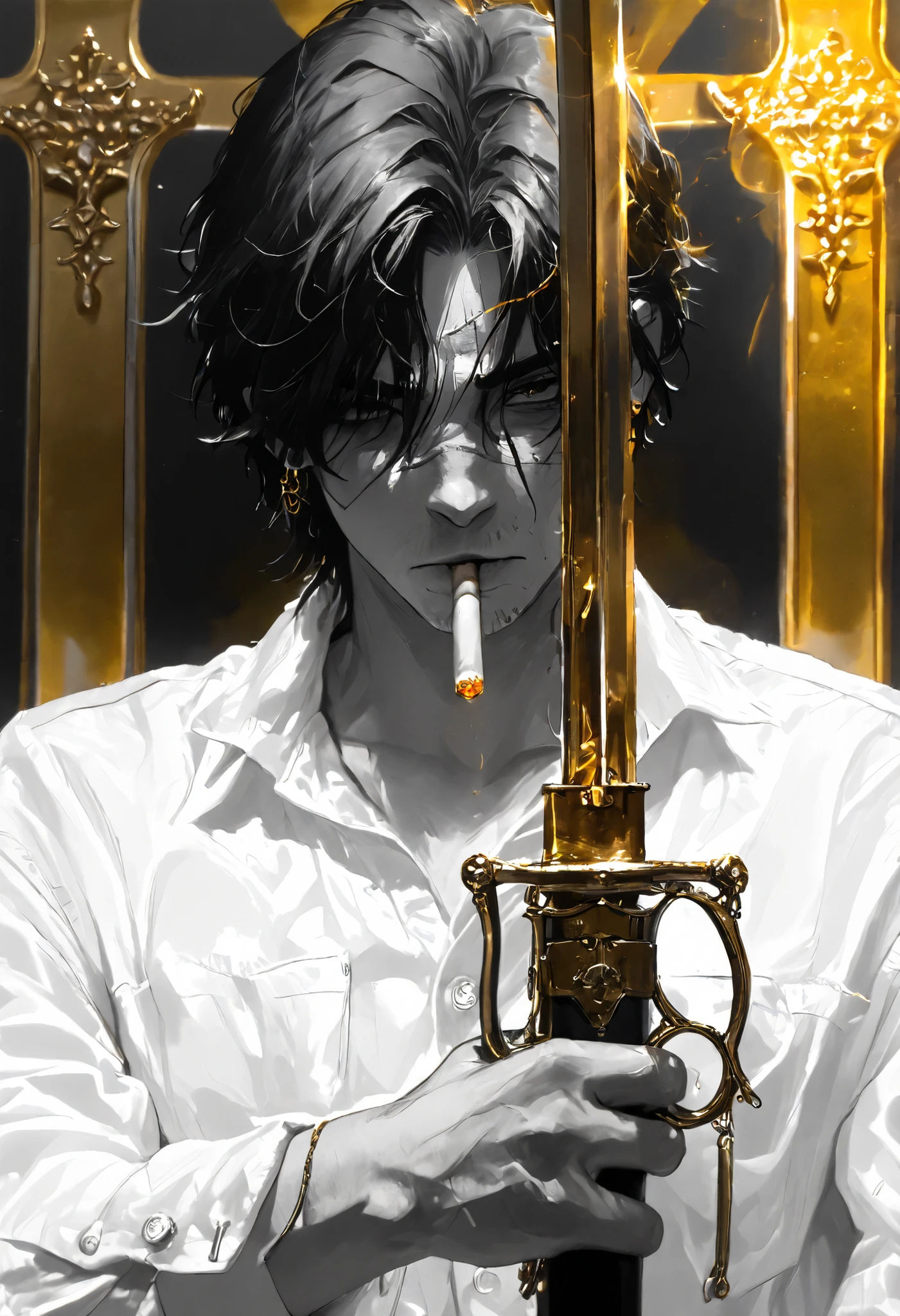 Masterpiece,The best quality, newer ,Absurds, highres,, a ,sword combat ,  monochrome,grayscale,((gold-colored swords in the background)), camisa blanca,cigarette ,facial scar,earring,