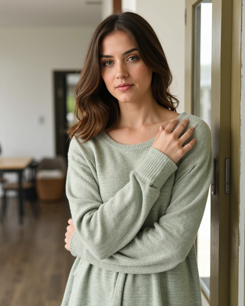 a one woman, wearing sweater, sitting not sofa, watching movie, distracted, sultry gaze, perverted facial expression, looking at the TV, 8k, cinematic, natta, natural ilumination, 