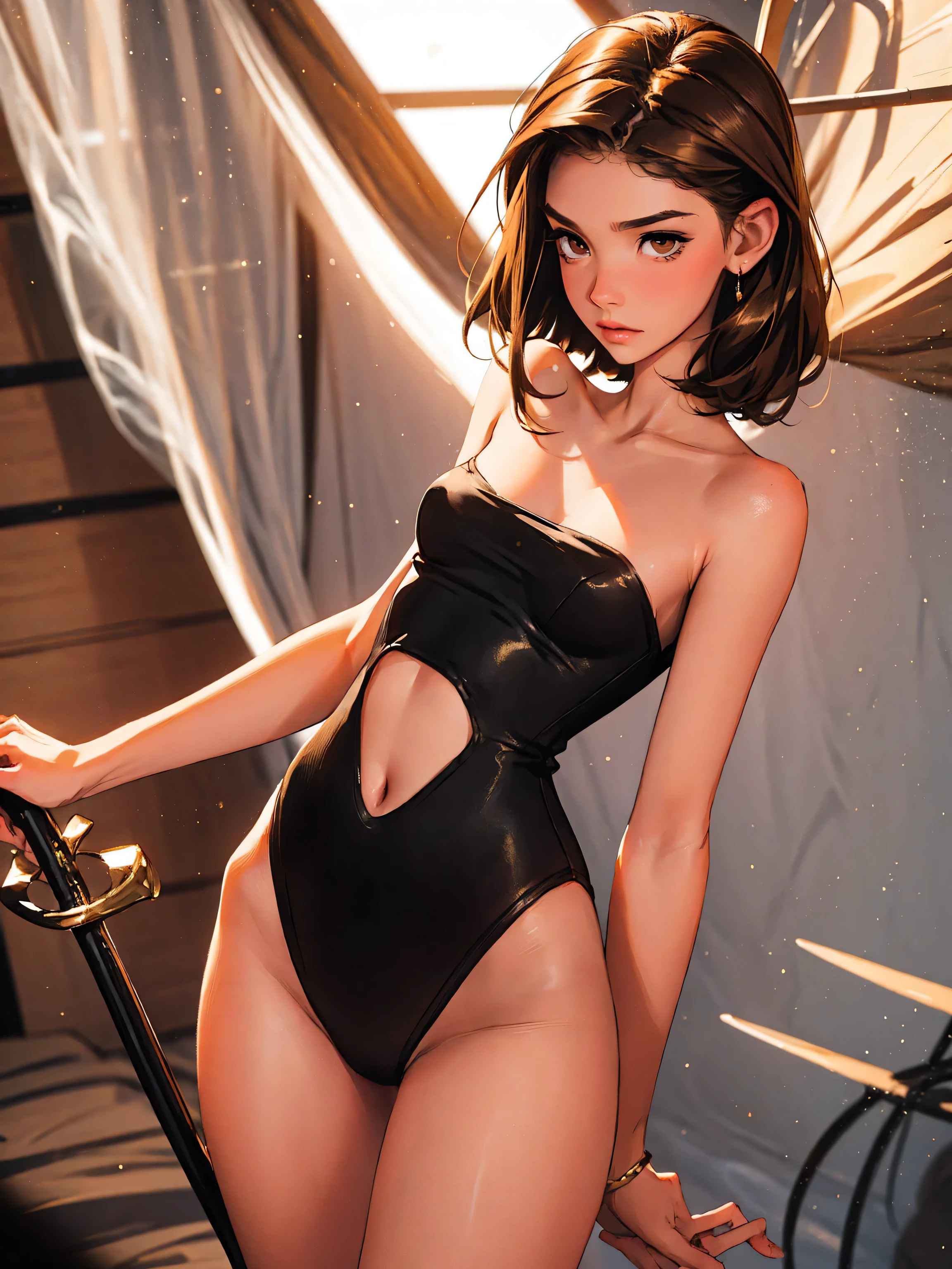 ((highest quality)),(ultra high resolution),(Super detailed),(detailed description),((best CG)),(best work of art),super precision art, great drawing art,(Art with precise details:1.5), (ung girl:1.5), beautiful and well-shaped face:1.5,(Beautiful skin with precise and detailed depiction:1.6)((best quality)) ((best quality)), ((masterpiece)), (detailed), 4k image, anime style, beautiful woman, fair caramel skin, symmetrical face, cherry pink plump lips, blood red eyes, African looks, fit athletic body, small breasts, toned thin slender body, slim waist, short height, sleek hair tied in a messy bun, sleek reddish-brown hair, wide hips, phoenix eyes, small nose, heart-shaped butt, simple sleeveless halter crop top with a pair of shorts, one girl only, full body image, back to the wall, one girl only, brown skin, doggy-style position, knee-length sheer white stockings