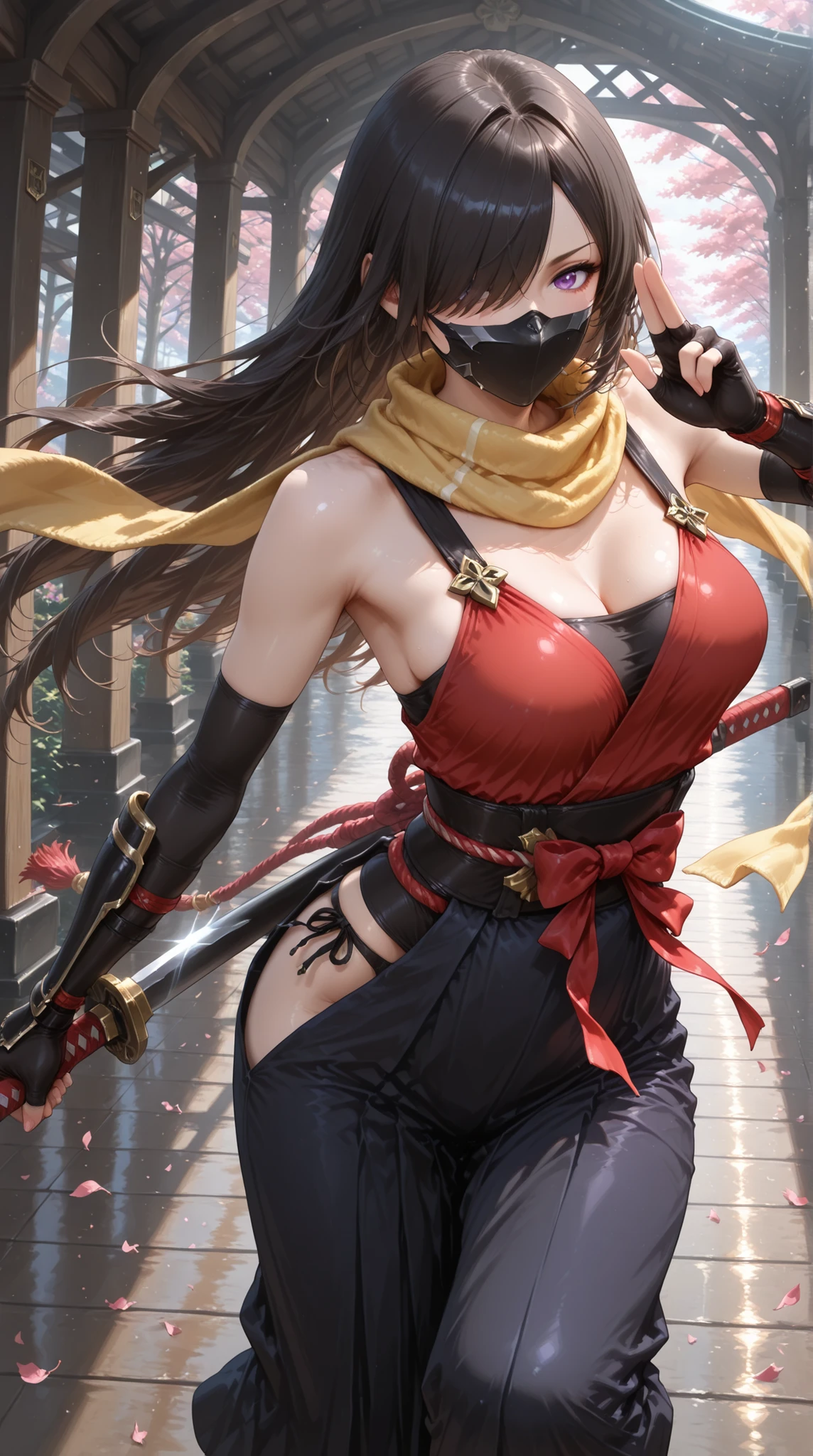 ((Best Quality)),( super high definition),(Super detailed),( detailed description ),((The best CG)),(masterpiece),( 1girl,long hair, black hair, hair over one eye, purple clear eyes, iris,medium breasts ,shinobi-costume, style, ninja mask ), realistic,( red_tube_top, black underwear, Shinobi Hakama ,black_elbow_gloves, red_fore_arm_guard, fingerless_gloves, yellow scarf around her neck, 草履), fight_scene, battle,short _katana