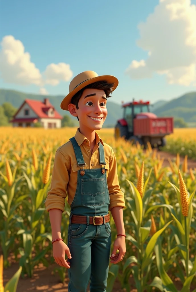 Imagem de um menino de 3 anos em estilo Pixar.  He's outgoing, a little shy, gosta de brincar na natureza, vestindo fazendeiro&#39;overalls, with light blonde hair and green eyes without glasses. In the background, a landscape of a field with distant agricultural machinery. Na imagem esta olhando para frente e sorrindo discretamente