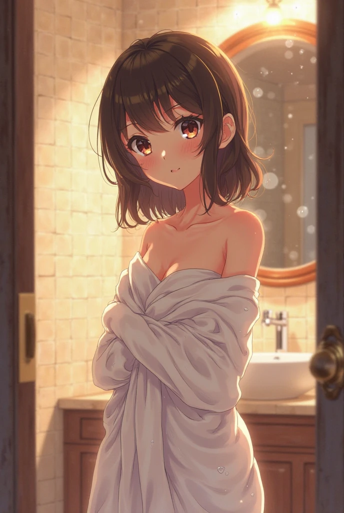 1 girl, bob, center part, forehead, brown hair, piercing, brown eyes,embarrassed, full face blush, wet hair,
BREAK (masterpiece), (high resolution 8K), cinematic lighting, professional lighting, detailed eyes and face, detailed body,
BREAK (naked towel:1.1), middle shot, cowboy shot,