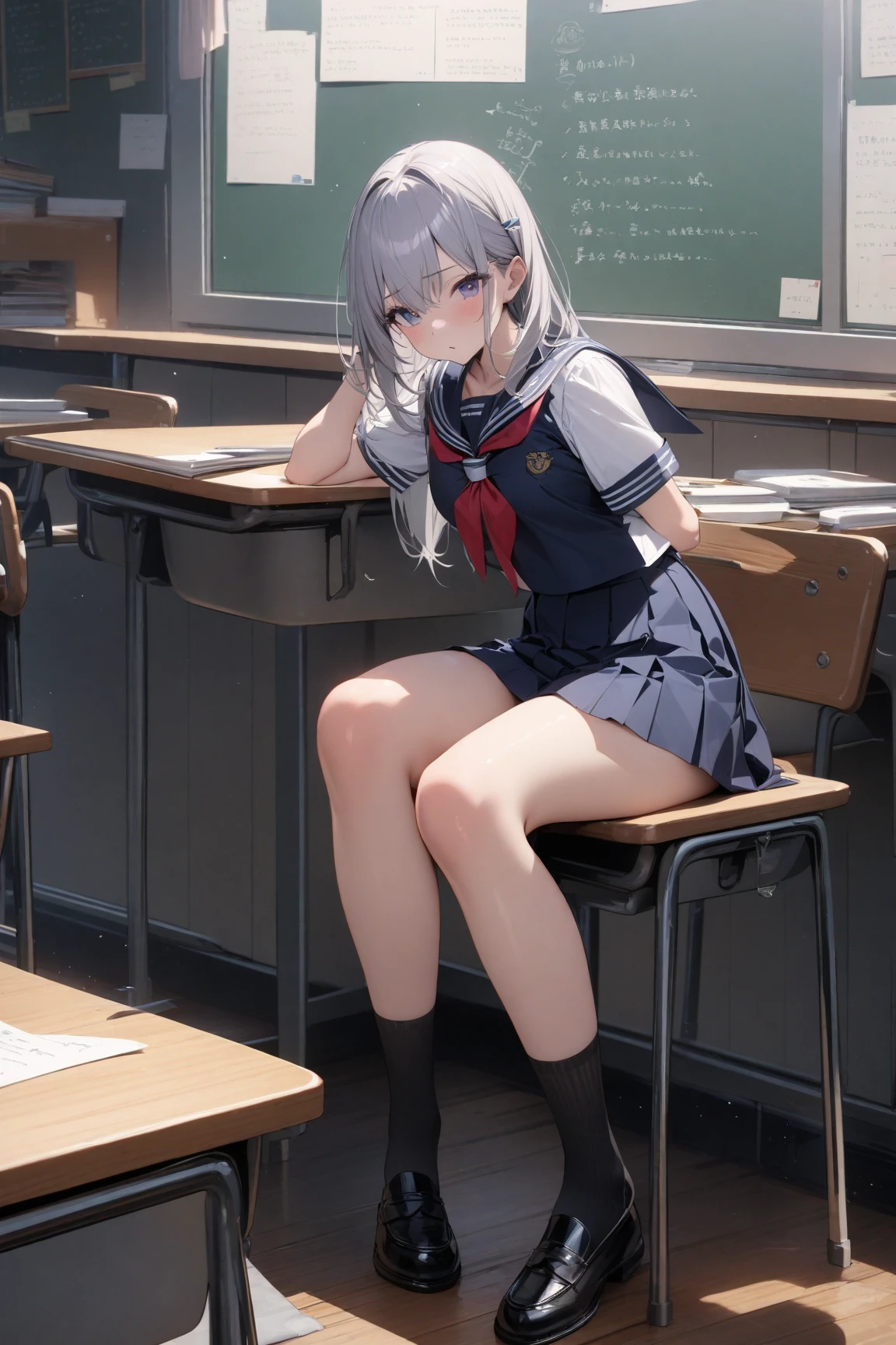 The clothes are see-through、hot、hot air、High temperature、School、In the classroom、Sitting in a chair、Girl、Girl、Short、Younger、Lower school year、Baby Face、flat chest、Dynamic Angle、masterpiece、best quality、ultra-detail、Great Khan、The air conditioner is broken、Summer sunshine、Panties、Spreading legs、Raise one leg、The desks are lined up、corridor、window、Seems like a hassle、Complaining、There are several classmates behind me.、Clothing、Untidy appearance、Wide Stride、Fan、With his mouth open sloppily、steam、Show your side