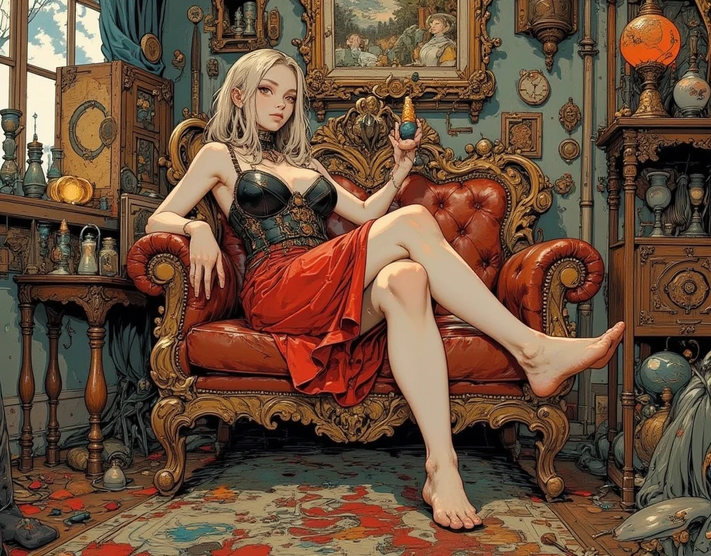 ninja girl with mouse ears, White hair, sitting spreading her legs in panties, sexly, sultry posing