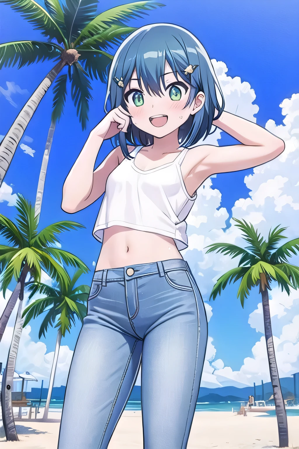 masterpiece, best quality, ultra detail, ((Perfect Face, perfect eyes, perfect hair, perfect arm)), 1girl, o, petite, ((round face, ecstasy, orgasm face, drooping eyes, shame smiling, blush)), dropping eyes, sleepy, Open mouth, ((White teeth)), background((under the beach, (day:1.2), palm tree, bright sky)), kurokawa_akane, (green eyes:1.2), (blue hair:1.2), crossed bangs, hair between eyes, hair ornament, (short hair:1.4), (straight hair:1.7), ((arms behind head, hands behind head, fingers behind head)), ((contrapposto)), spread armpits, looking at viewer, (white tank top:1.2), (white crop top:1.2), (jeans pants:1.2, flares jeans:1.2, skinny jeans:1.2, blue jeans:1.2), standing, (legs spread:1.4), sex pose, Sweaty crotch, Steam from the crotch, from below, whole body