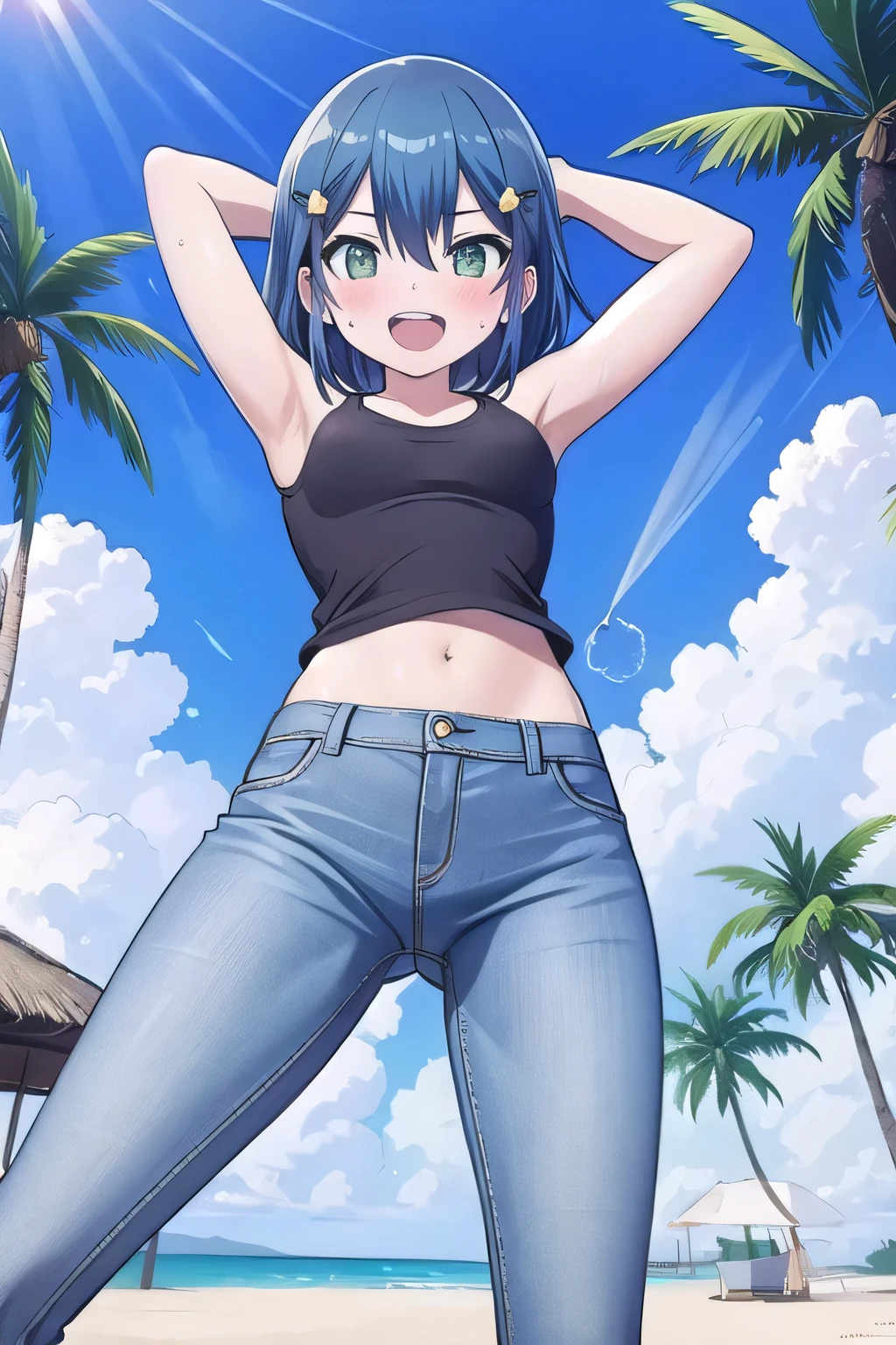 masterpiece, best quality, ultra detail, ((Perfect Face, perfect eyes, perfect hair, perfect arm)), 1girl, o, petite, ((round face, ecstasy, orgasm face, drooping eyes, shame smiling, blush)), dropping eyes, sleepy, Open mouth, ((White teeth)), background((under the beach, (day:1.2), palm tree, bright sky)), kurokawa_akane, (green eyes:1.2), (blue hair:1.2), crossed bangs, hair between eyes, hair ornament, (short hair:1.4), (straight hair:1.7), ((arms behind head, hands behind head, fingers behind head)), ((contrapposto)), spread armpits, looking at viewer, (white tank top:1.2), (white crop top:1.2), (jeans pants:1.2, flares jeans:1.2, skinny jeans:1.2, blue jeans:1.2), standing, (legs spread:1.4), sex pose, Sweaty crotch, Steam from the crotch, from below, whole body