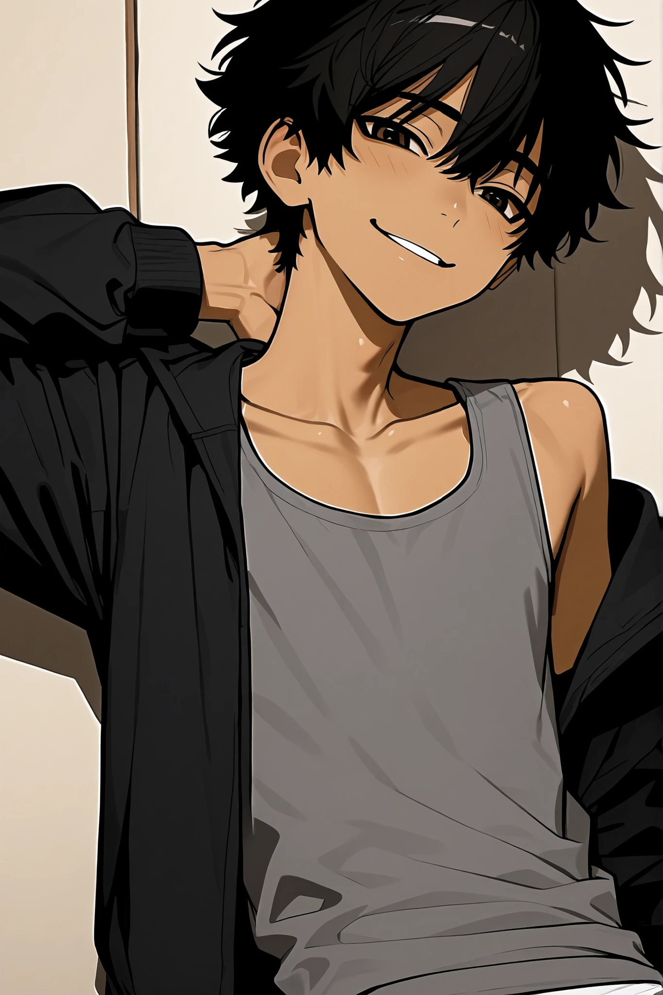 Male with black hair that stops at his neck, cocky expression, smiling, tan olive skin, japanese, dark brown eye color, grey tank top, black jacket that is half off his shoulder, cute, handsome, skinny, digital art, anime, japanese background