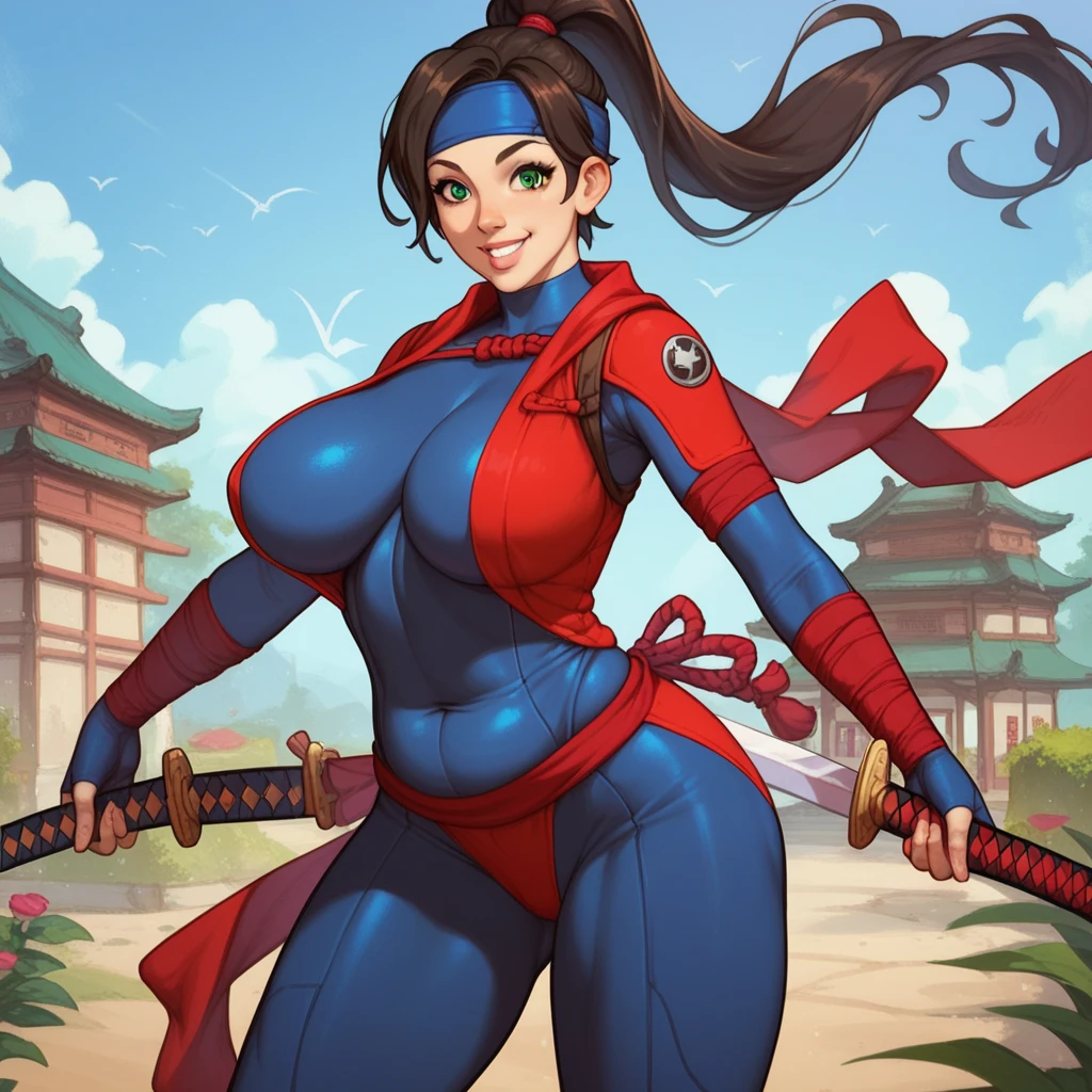 score_9, score_8_up, score_7_up, score_6_up, score_5_up, score_4_up, solo, thicc ninja, black skimpy ninja outfit, open clothes, japanese clothes, sash, fishnet, ninja armour, wrapping, black pony hair, big thick full lips, ((pouted lips)), ((mature woman)), milf, ((full body)), ((NSFW)), sexy, intimate, fallen in love, topless, sandals, (((huge breasts))), big nipples, wide hips, thick thighs, intricate details, detailed background, sharp focus, dynamic, expressive, ninja stance