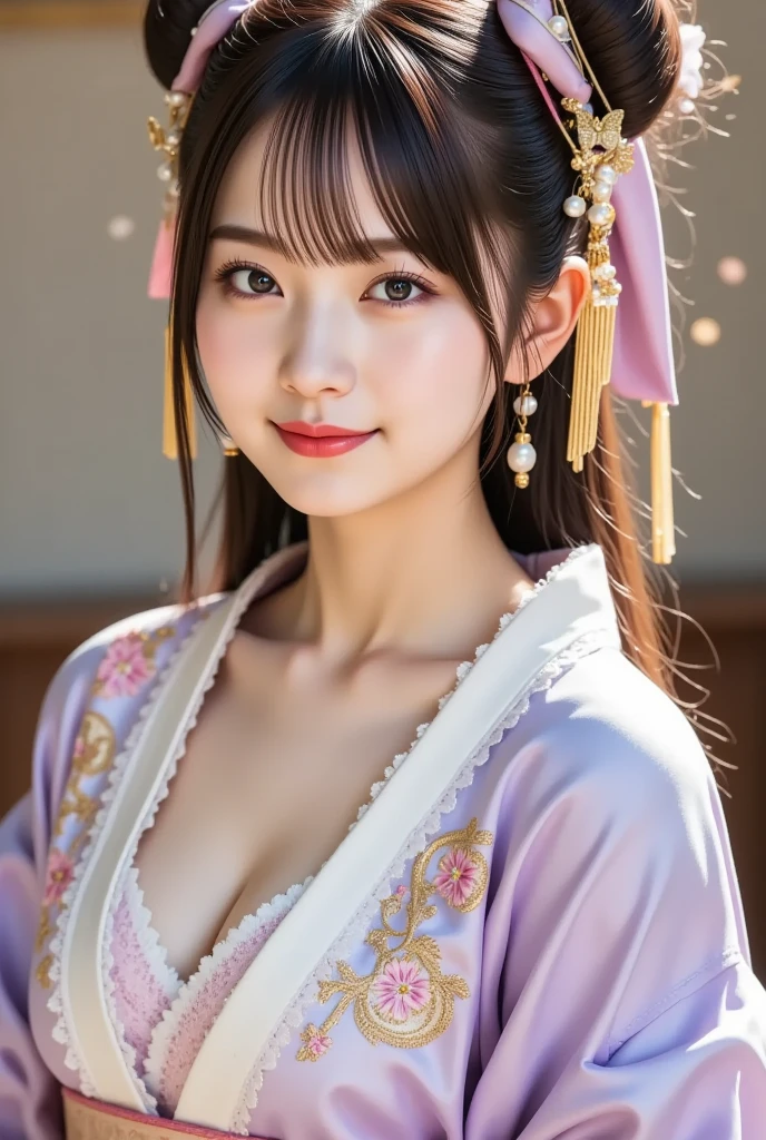 girl, White skin, ((Dark brown short tiered hair)), V cut with layers and bangs, Brown eyes, Soft atmosphere characteristics (Highest quality, Ultra-high resolution, 8K, RAW Photos, Ultra-high resolution: 1.2, masterpiece: 1.3), (Realistic, Realistic: 1.37), Very detailed, Professional Lighting, Photon Mapping, Radio City, 物理ベースレンダring, One Girl, (high school girl), Sharp focus:1.2、Beautiful woman:1.4,cute, Nice, Adorable smile, Normal chest, Cross Necklace、Earrings、ring,(Cleavage)、((Dark brown short hair),Gothic Lolita Fashion, (((Pink and black gothic lolita kimono))),Japanese cityscape、Kyoto,Selfie,Portrait style