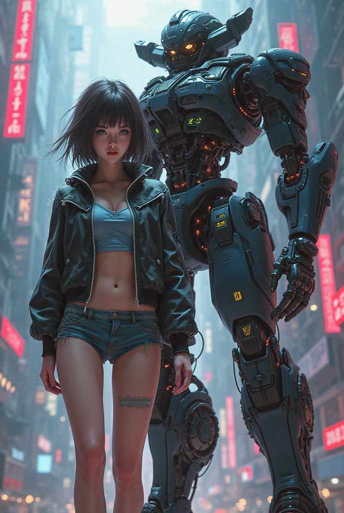 anime girl in short shorts and jacket standing next to giant robot, artwork in the style of guweiz, cyberpunk anime girl mech, trending on cgstation, guweiz, by Russell Dongjun Lu, digital cyberpunk anime art, ross tran 8 k, guweiz on artstation pixiv, girl in mecha cyber armor