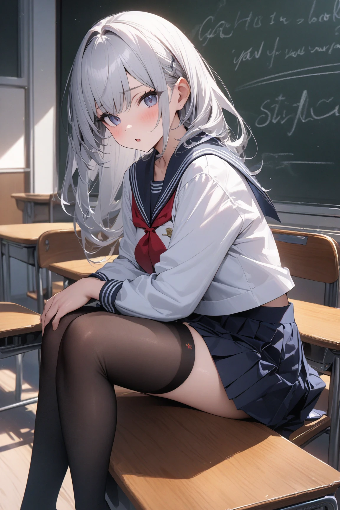 Realistic and detailed image of a girl in a school uniform with pleated plaid mini skirt. She has silver pink wavy hair with a ribbon. Red eyes. She has earrings, long eyelashes. she has small breasts, slim waist, very wide hips and thick thighs. smiling, pleased face. Legs open and raised, panty view. Back arched. She is sitting in a classroom with sun rays at sunset.