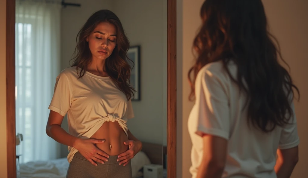 Fat woman looking at her body in a mirror crying desperately 