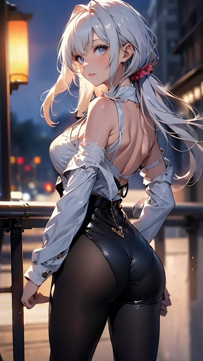 ((((Obra maestra, La mejor calidad, ultrahigh resolution)))), 1girl, standing, (cute maid costume), ((long pure silver hair and grey mesh hair, hair over eye)), long hair cut, pale skin, ((red eyes)), glowing_eyes, neon eyes, (ultra detailed eyes:0.7, beautiful and detailed face, detailed eyes:0.9), smile, ((wide shot)), facing viewer, ((vibrant background, bright lighting, summer, sunlight)), flat chested, looking at viewer, ((half closed eyes)), ((perfect hands)), (((head:1, arms, hips in view, elbows, arms, legs, in view))), ((hands behind back)), empty eyes, beautiful lighting, ((outside, outdoors)), defined subject, head tilt, (((gritty)), ((creepy)), ((cool)), ((beautiful)), (((SFW))), standing on the right, moon, city, shot from behind, back view, touching her ass, ass lift, wide hips, nice ass, buttlift