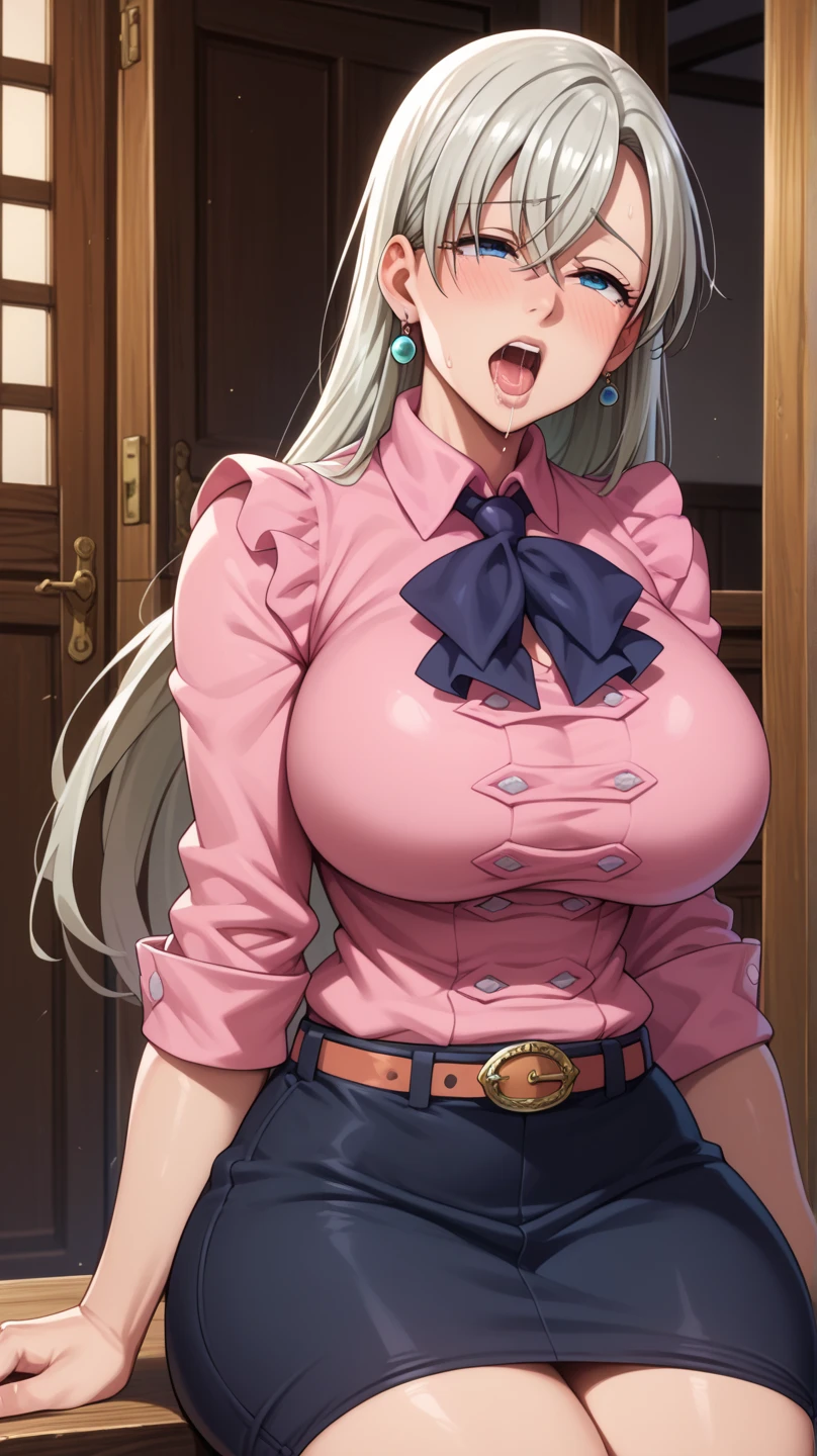 Elizabeth from Nanatsu no taizai anime, white long hair, blue eyes, Very big tits , hard nipples wearing pink  blouse with a dark blue bowtie, dark blue mini skirt long socks