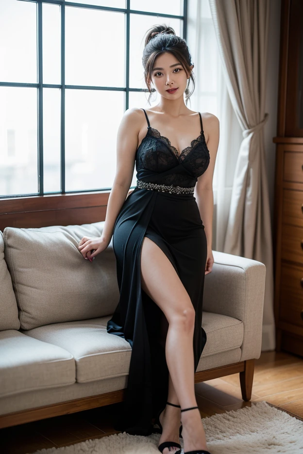 NSFW、Highly detailed CG Unity 8K wallpaper、highest quality、super detailed、masterpiece、studio photography、full body portrait、From above、 realistic、behind the photo、big, full, round breasts、realistic、Photoreal、Highly detailed cute girl、solo、melancholy look, brown hair, up hair、full body photo、In lingerie、big breasts、shy、slender body