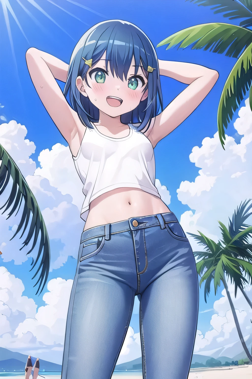 masterpiece, best quality, ultra detail, ((Perfect Face, perfect eyes, perfect hair, perfect arm)), 1girl, o, petite, ((round face, ecstasy, orgasm face, drooping eyes, shame smiling, blush)), dropping eyes, sleepy, Open mouth, ((White teeth)), background((under the beach, (day:1.2), palm tree, bright sky)), kurokawa_akane, (green eyes:1.2), (blue hair:1.2), crossed bangs, hair between eyes, hair ornament, (short hair:1.4), (straight hair:1.7), ((arms behind head, hands behind head, fingers behind head)), ((contrapposto)), spread armpits, looking at viewer, (white tank top:1.2), (white crop top:1.2), (jeans pants:1.2, flares jeans:1.2, skinny jeans:1.2, blue jeans:1.2), standing, (legs spread:1.4), sex pose, Sweaty crotch, Steam from the crotch, from below, whole body