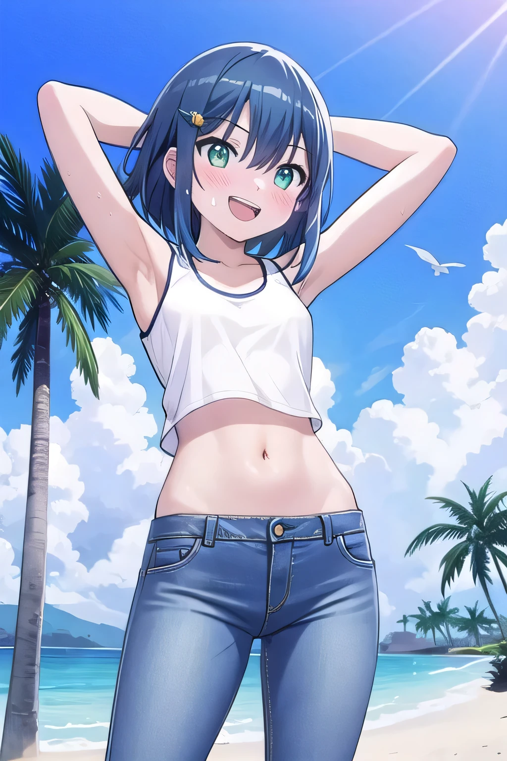 masterpiece, best quality, ultra detail, ((Perfect Face, perfect eyes, perfect hair, perfect arm)), 1girl, o, petite, ((round face, ecstasy, orgasm face, drooping eyes, shame smiling, blush)), dropping eyes, sleepy, Open mouth, ((White teeth)), background((under the beach, (day:1.2), palm tree, bright sky)), kurokawa_akane, (green eyes:1.2), (blue hair:1.2), crossed bangs, hair between eyes, hair ornament, (short hair:1.4), (straight hair:1.7), ((arms behind head, hands behind head, fingers behind head)), ((contrapposto)), spread armpits, looking at viewer, (white tank top:1.2), (white crop top:1.2), (jeans pants:1.2, flares jeans:1.2, skinny jeans:1.2, blue jeans:1.2), standing, (legs spread:1.4), sex pose, Sweaty crotch, Steam from the crotch, from below, whole body