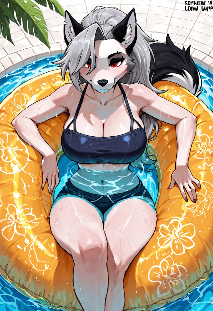 A sexy female anthro parrot in her bikini is poking a hole in her humongous inflatable swan float while she is floating around in her pool and it slowly deflates on top of the water.