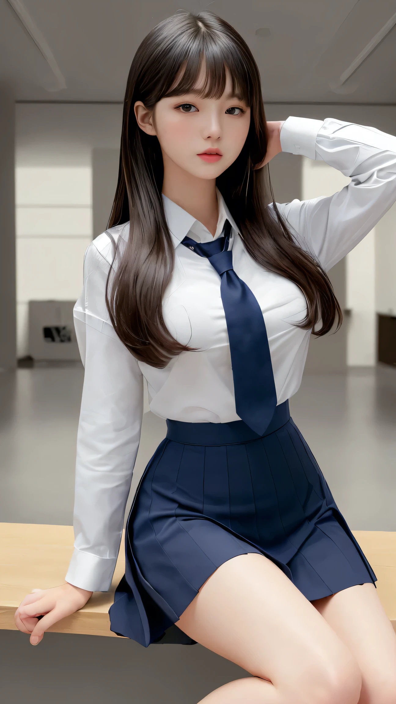 Thai student girl,Beautiful girl, dark black hair, huge breasts, wearing a suit student uniform, wearing a tight short skirt, sexy post, in the library.