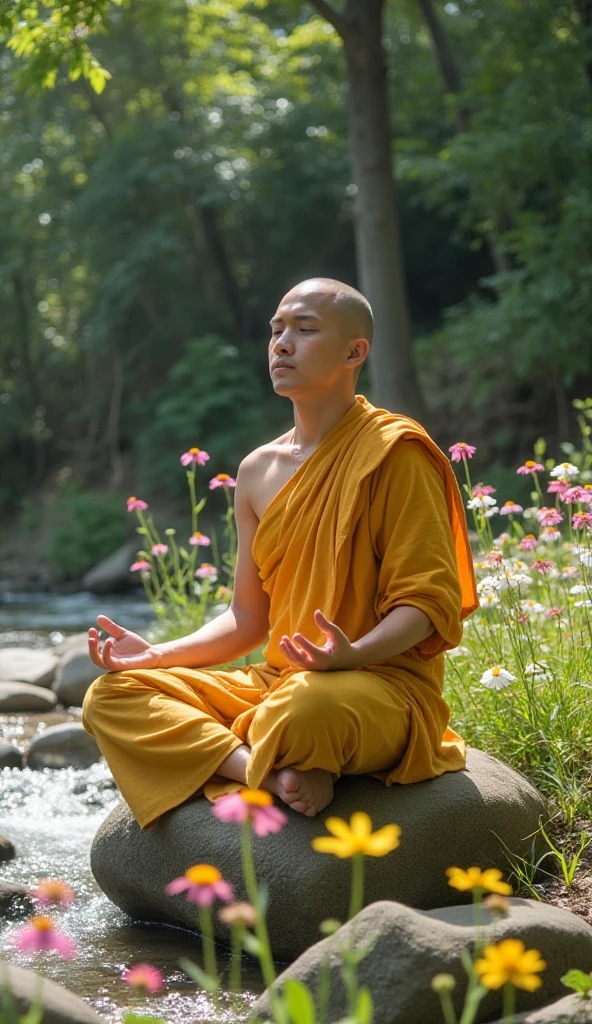 medium close up of , directed by directors cinemastyles, A monk meditating in a garden, levitating slightly.