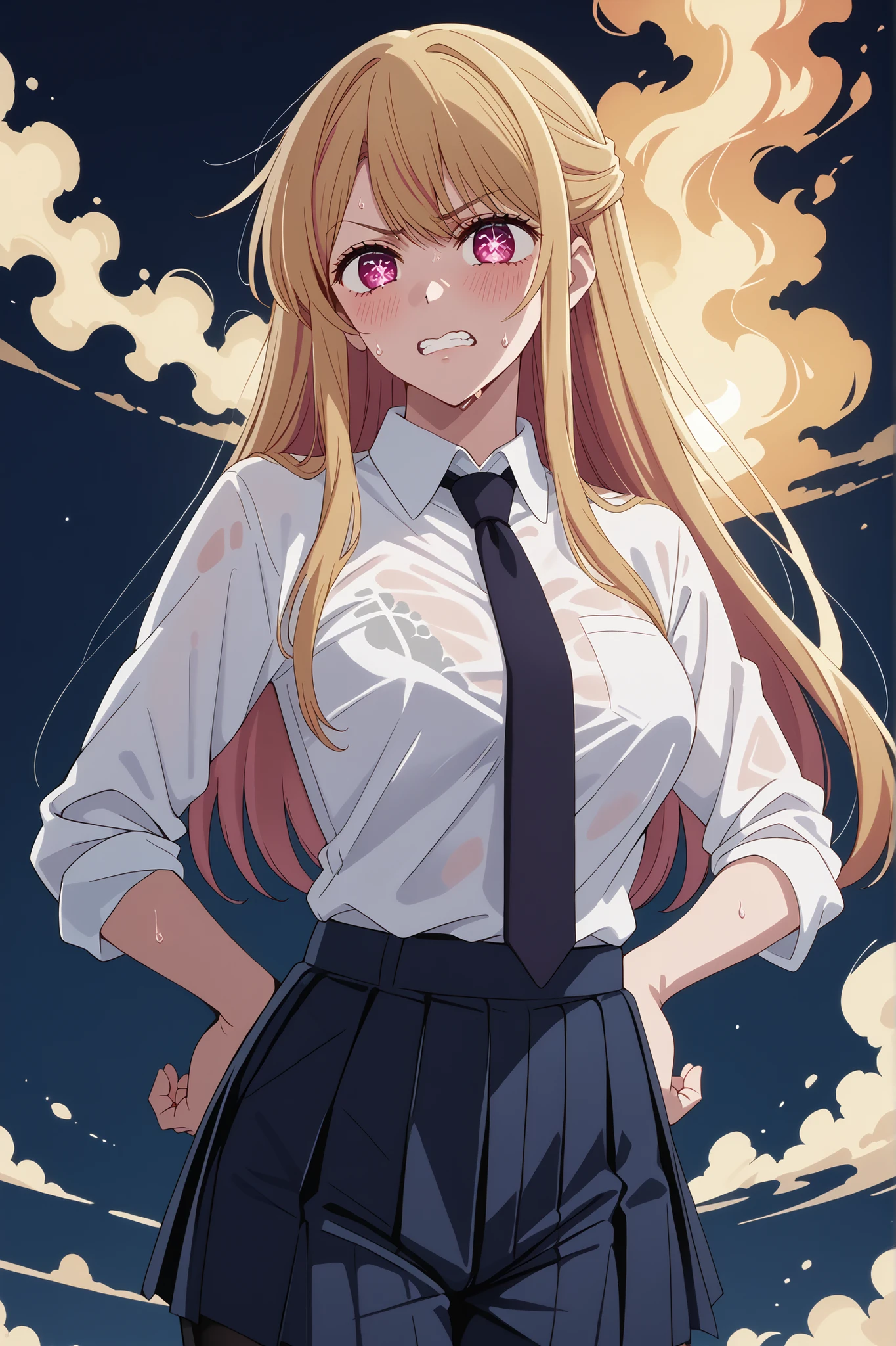 score_9, score_8_up, score_7_up, source_anime, 4K,perfect fingers,(perfect hands, perfect anatomy),prefect lighting, very aesthetic, intricate details,highly detailed background, masterpiece, high quality, best quality,
1girl, rubyhoshino, ruby hoshino, long hair, bangs, blonde hair, pink eyes, sidelocks, symbol-shaped pupils, multicolored hair, two-tone hair, Large breast,dense chest,
wearing ((Black Sexy Lingerie, White shirt, tie, Pants visible from short pleated skirt, )) ,,
Crowded train, girl, lifting her, Pubic hair visible,  Dark gray background, (with one girl's immediately open legully open legs with Big breasts,  Leaning on her from behind、Blushing, Troubled eyebrows, Rough breath, Clenching teeth, Burning face, heart pupils, full of sweat, Whole body wet, Bending knees, Reluctance, Watery eyes, Big, soaked,Slouching, Hands on hips, Closing eyes, Reluctance, 