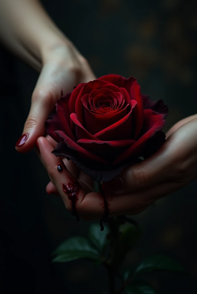 Pale hands with blood holding a red rose