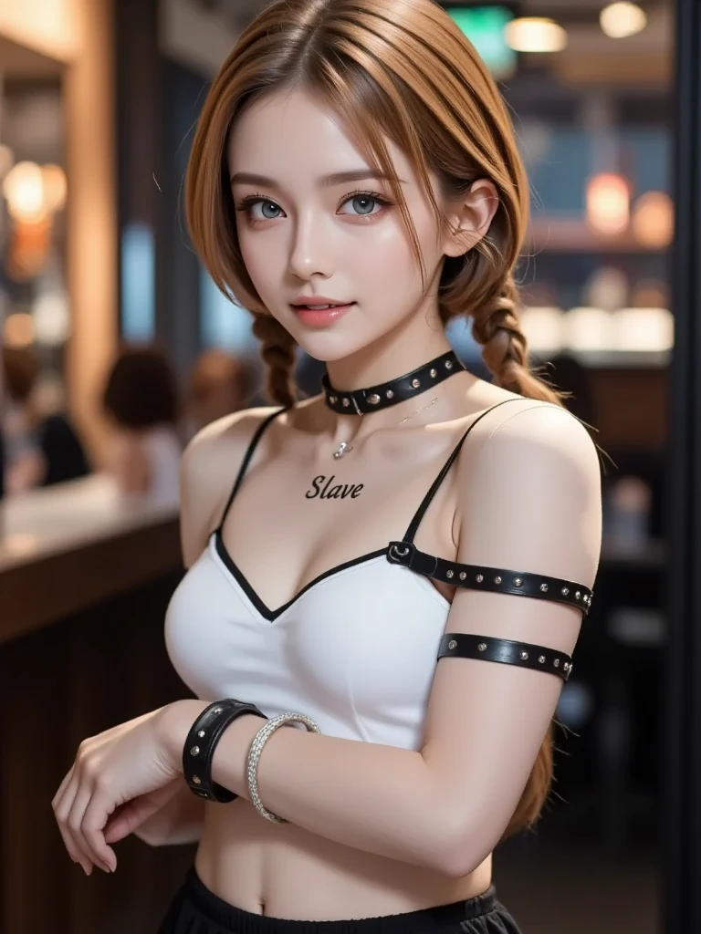(41k4:0.6), (aika-sawaguchi:0.5), masterpiece, Best Quality, 8K, Raw photo, top-notch quality, masterpiece, (wearing white crop top:1.7), (wearing black pleated skirt:1.5), (exceptionally detailed RAW color photo, professional-grade photograph), (facing viewer:1.5), (bondage:1.45), (shackled:2.2), (chained:1.7), (slave:1.6), (wearing slave collar:1.5), (looking at viewer:1.4), (Realistic, Photorealistic:1.37), (highly detailed skin:1.2), Ultra-high resolution, (lens 50mm), (masterpiece, top-quality:1.3), (hyper realistic:1.35), (Photorealistic:1.45), (Realistic:1.4), ((solo)), (1 pretty Japanese girl), 21 years old, Japanese idol, supermodel, pale skin, (slim:1.3), (slim body:1.25), (slender body:1.25), (narrow waist:1.35), pretty face, (large breasts:1.15), (deep cleavage:1.4)