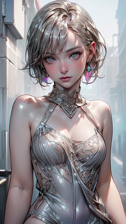 (1girl, solo, alone), (WakatsukiRisa, Sarada Uchiha, black hair, short hair, black eyes, red glasses), ((solo, (1woman, (small bust),pink lipstick, black eyes), Extremely detailed, ambient soft lighting, 4k, perfect eyes, a perfect face, perfect lighting, a 1girl)), ((fitness, shapely body, athletic body, toned body)), ((silver dress, ((((Strapless Midi Dress, long dress)), sparkling dress)), posing on a railing, diamond shimmering dress, wearing silver dress, fancy silver dress, sexy dress, tight dress, wearing a sparkling dress, transparent gray dress, glitter dress, skintight dress, short dress, sparkly, portrait demi rose, violet myers, short minidress, shiny and sparkling, revealing stylish dress, tight attire)),detailed face, detailed eyes, detailed hands, elf woman, full body