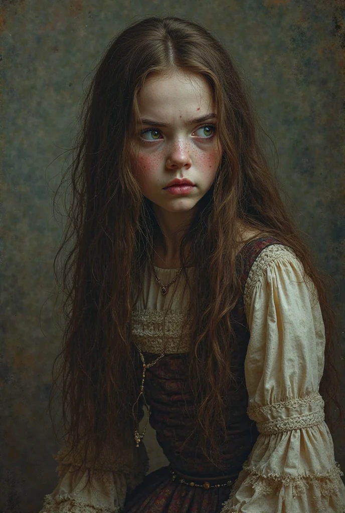 A small  with long brown hair and blue eyes, very pretty, sad and crying in an old vintage dress., In a beautiful palace-like house