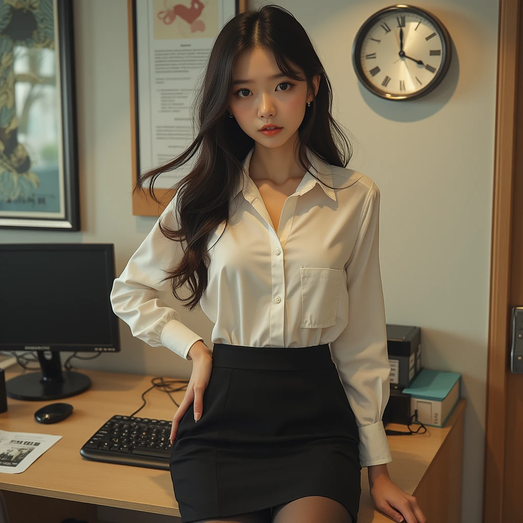nsfw,(8k, best quality, masterpiece, ultra highres:1.2), 1 girl , beautiful 22 year old woman named Tsukiko,(secretary, shirt,skirt,pantypull,pantydrop, panties:1.3), office, window, desk, chair, computer, ceiling, ceiling light,crowd, crowded office, many people in background, (photorealistic:1.4), small breasts ,official art, extremely detailed CG unity 8k wallpaper, ultra high res, professional photography,  <lora:InstantPhotoX3:0.4> ,<lora:FilmVelvia3:0.4> ,  <lora:secretary:0.4> ,<lora:lora_office_3:0.5>, <lora:pantypull-drop-3:1>