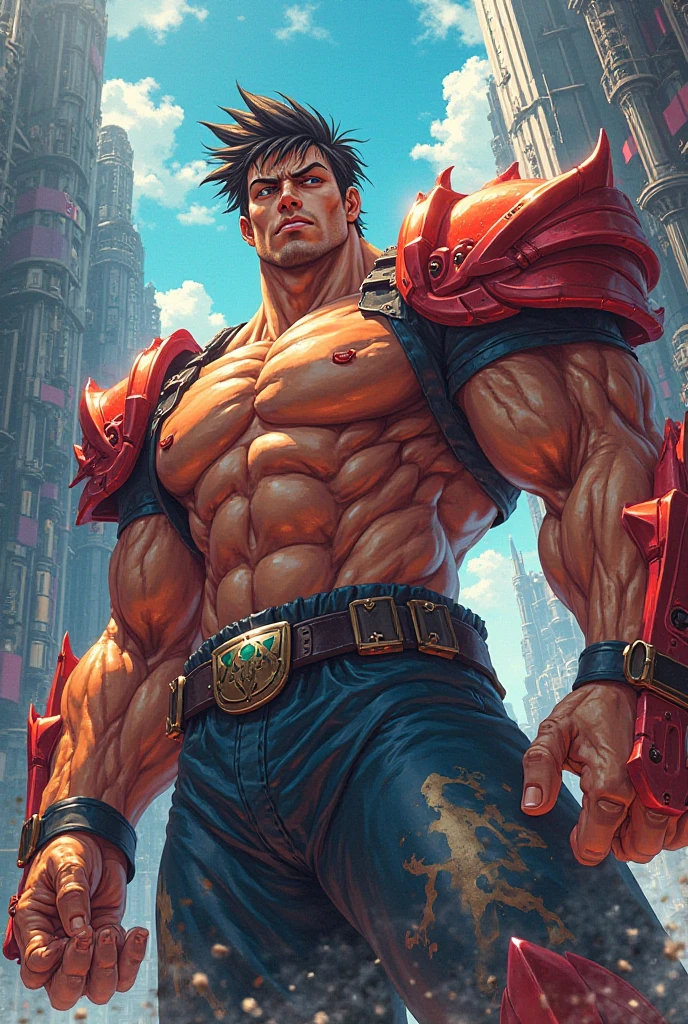 (GS-Masculine:1), (1boy), close up shot, (looking at viewer), Very detailed young handsome face, heroic, cybernetic robotic eyes, vascular, wide shoulders, short midsection, detailed hands, (soft smile), tan glowing skin, (best quality:1.2), gaston_disney, luke evans, ponytail, huntsman, bounty hunter, red shirt, leaning against a wall, arms crossed, (cyberpunk style:1.3), anime style, (neon colorization:1.3), illumination, bustling city street, <lora:gaston_disney:0.5>, <lora:more_details:0.5>