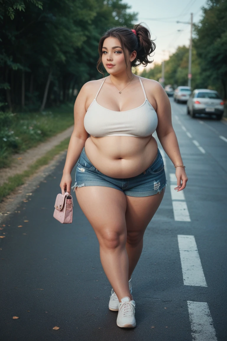 araffe woman in a red shirt and blue denim shorts walking down a street, thicc, she has a jiggly fat round belly, bbwchan, wearing tight simple clothes, skinny waist and thick hips, widest hips, her belly is fat and round, soft curvy shape, hyperrealistic full figure, wearing a cute top, wide hips, monsoon background , curvy plus size, morning coffee Time