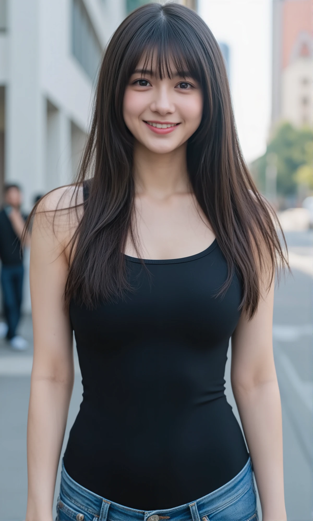 21-year-old, (brunette) Girl, girl alone, 1girl, mit blauen Augen und mittellangen braunen Haaren, (C-cup breasts), schwarzes leder oberteil mit v-ausschnitt, schwarze hose, with a perfect complexion, striking facial features and a radiant smile, Realistic, high detail, 8K resolution, natural lighting, smooth skin, shiny hair, vivid colors, Kameramodell: Nikon D850 Brennweite: 85mm Blende: f/2.8 Verschlusszeit: 1/250s ISO: 100 , Use a gentle depth of field effect, to focus on the woman's face and upper body and keep the background slightly blurred